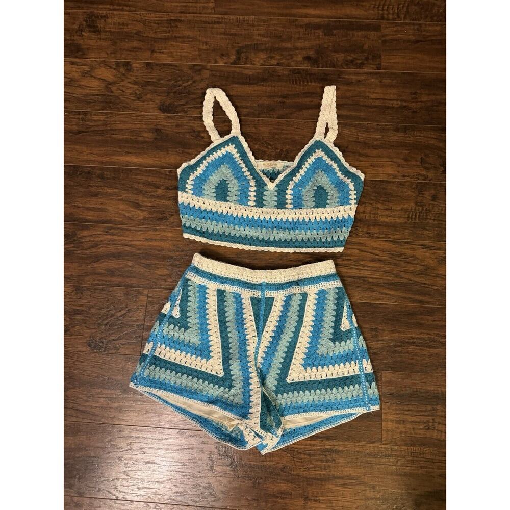 Rebellion Again Crochet Knit Cropped Tank And Shorts Outfit Boho Hippie Size S